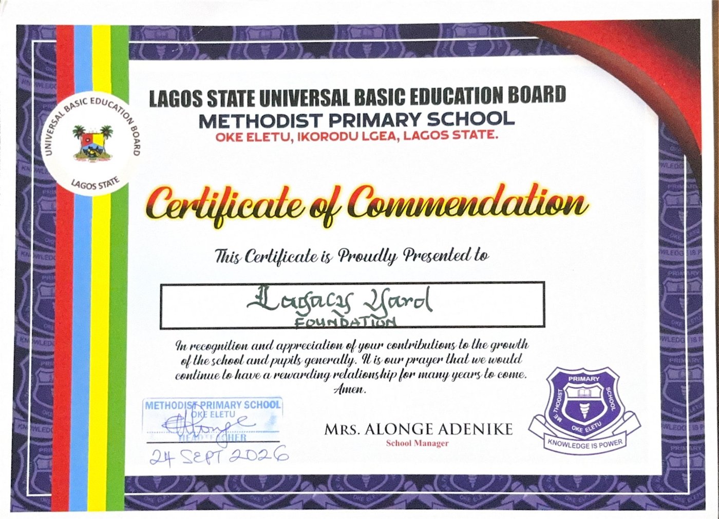 Certificate of Commendation from Methodist Primary School, Oke Eletu, presented to Legacy Yard Foundation