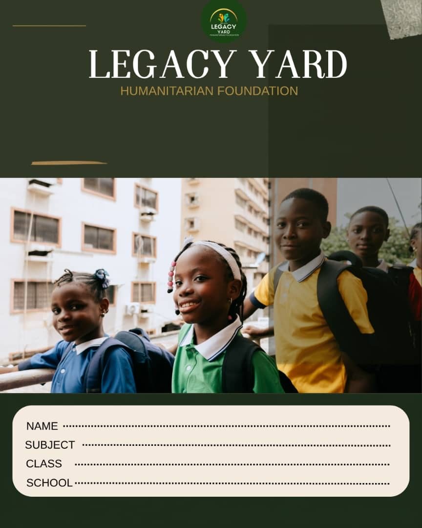 Cover of the Legacy Yard exercise book showing three smiling pupils