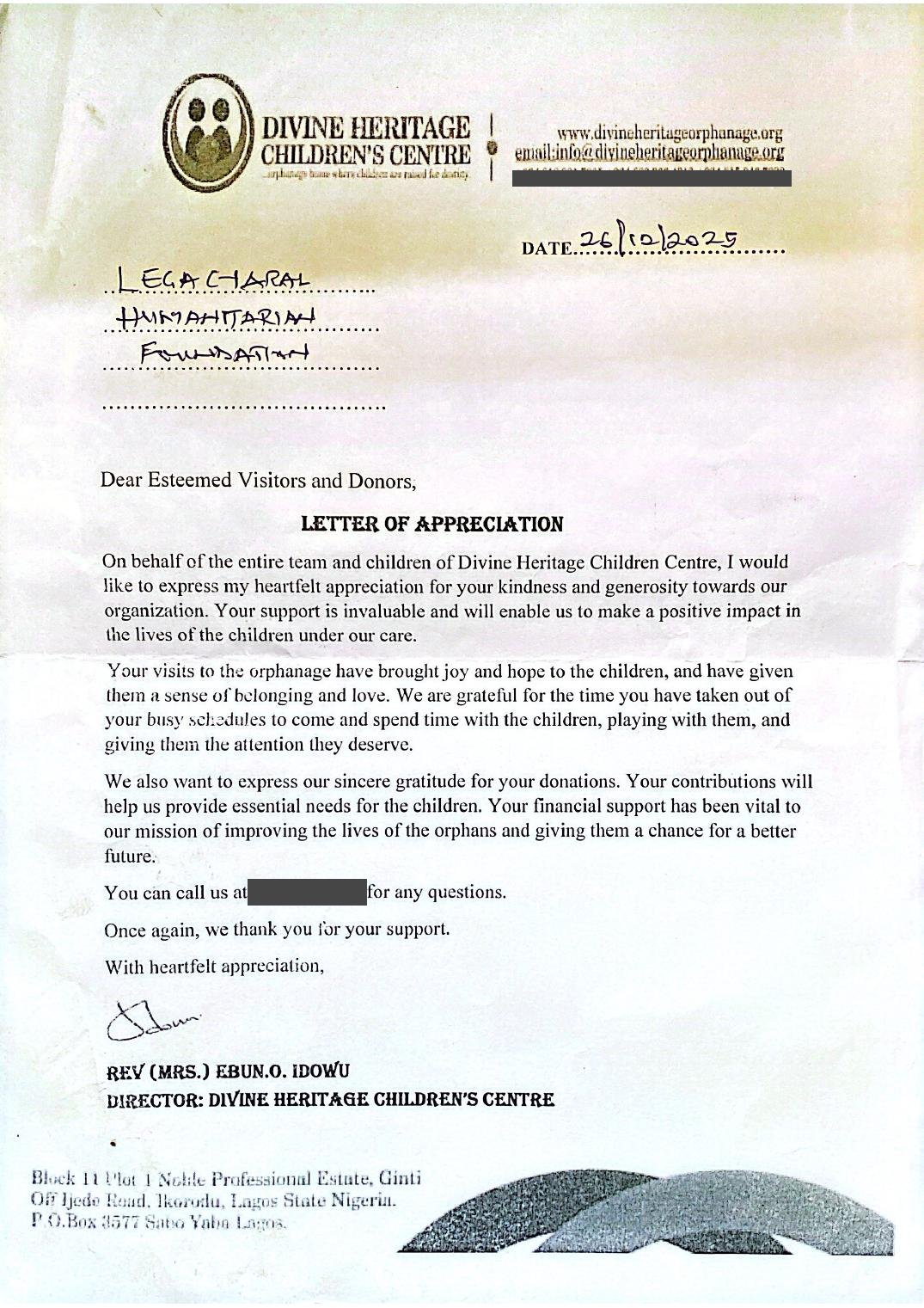 Letter of appreciation from Divine Heritage Children's Centre to Legacy Yard Humanitarian Foundation